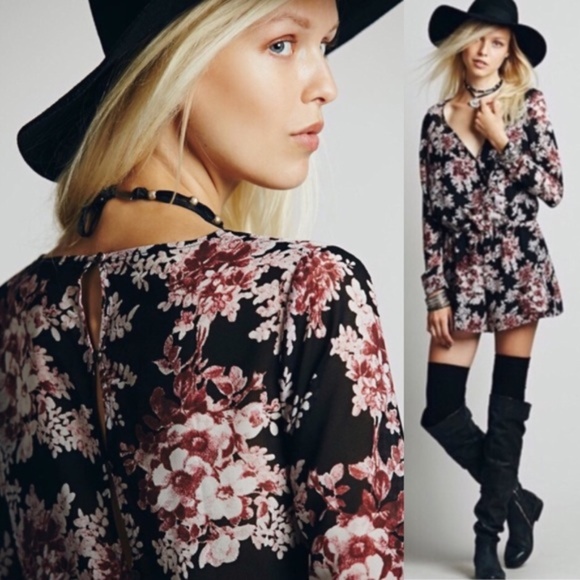 Free People Pants - Free People Black Floral Long-Sleeve Romper